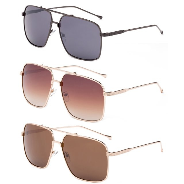 3 Pack Metal Rim Square Aviator Sunglasses for Men for Women, Gunmetal, Brown & Dark Brown | Walmart (US)