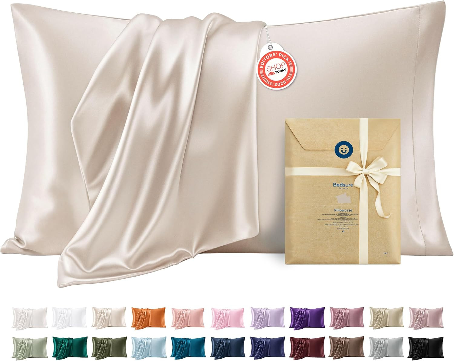 Bedsure Satin Pillowcases Queen Set of 2, Similar to Silk Pillow Case, 100% Polyester, Reduces Hair Frizz & Skin Friction, Decorative Covers, Gifts for Women, Envelope Closure, 20" x 30", Beige | Amazon (US)