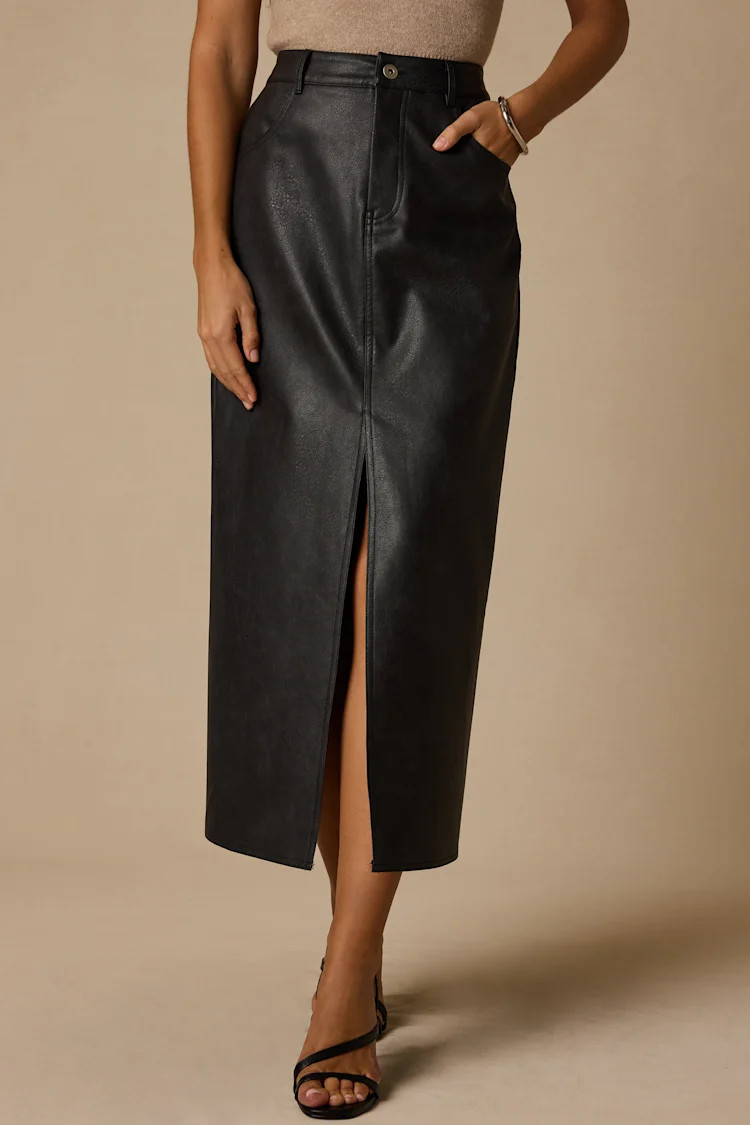 Tamsin Black Vegan Leather High-Rise Midi Skirt | Lulus