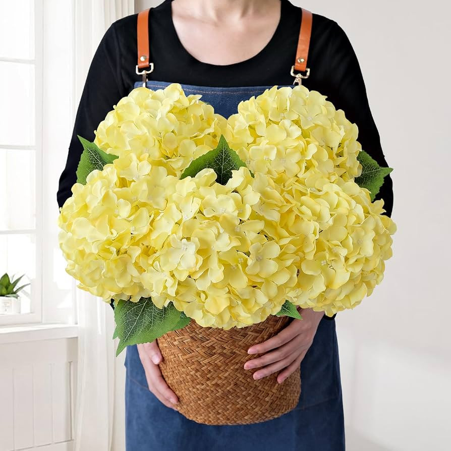 JINWOE Yellow Fake Hydrangea Flower Heads with Stems, 5Pcs 20Inch Full Fake Flowers for Wedding H... | Amazon (US)