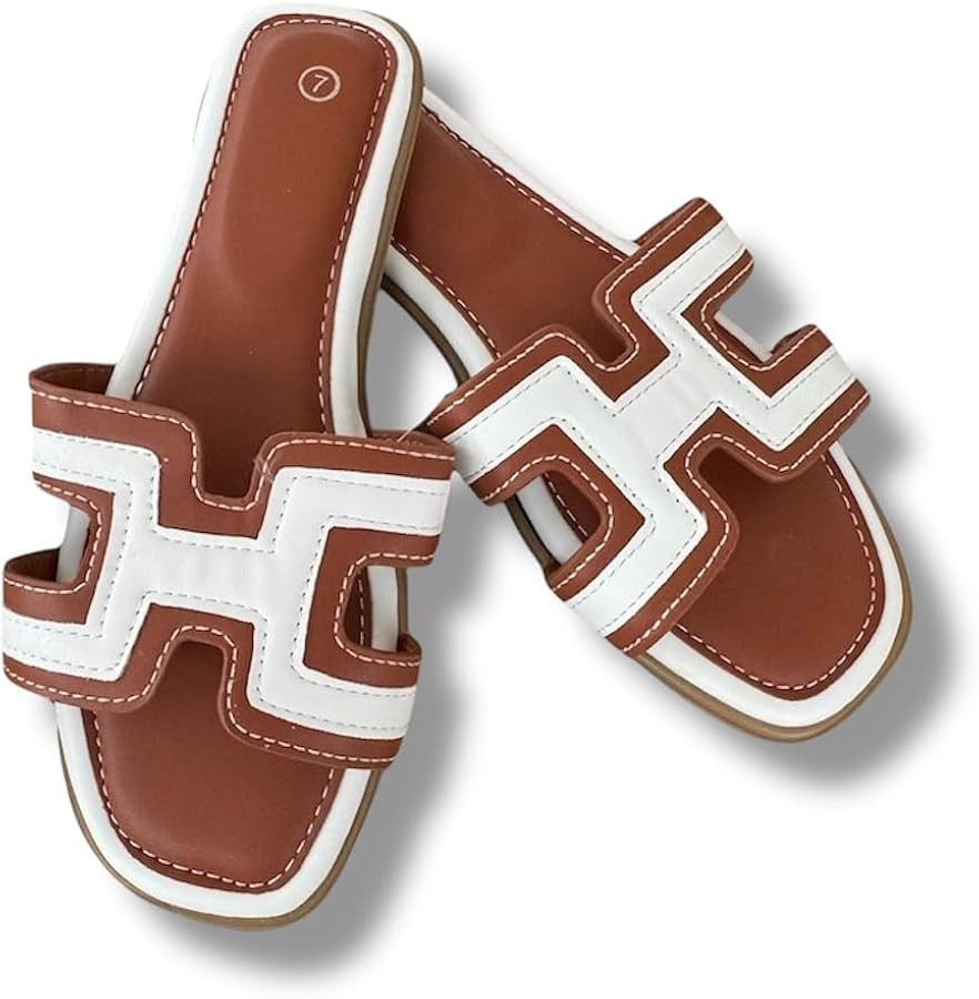 Women's H-Style Slide Sandals, Contrast Stitching, Multiple Colors, Flat Casual Slip-On. | Amazon (US)