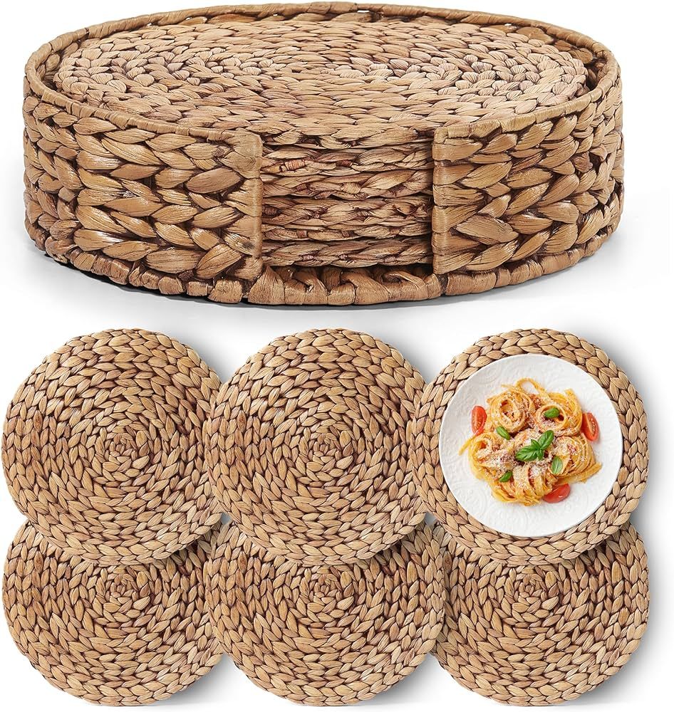 BLUEWEST Woven Placemats, 12" Round Placemats with Round Holder, Rattan Placemats, Wicker Hyacint... | Amazon (US)