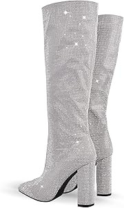 Women's Rhinestone Knee High Boots Chunky Heel Pointed Toe Pull on Glitter Party Sexy Mid Calf Bo... | Amazon (US)