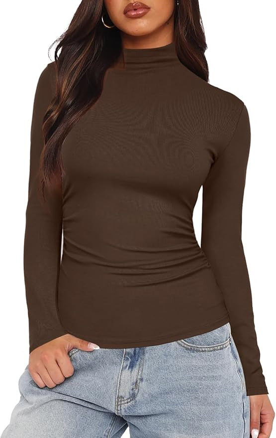 Darong Women Mock Turtle Neck Long Sleeve T Shirt Casual Slim Fitted Ruched Going Out Top | Amazon (US)