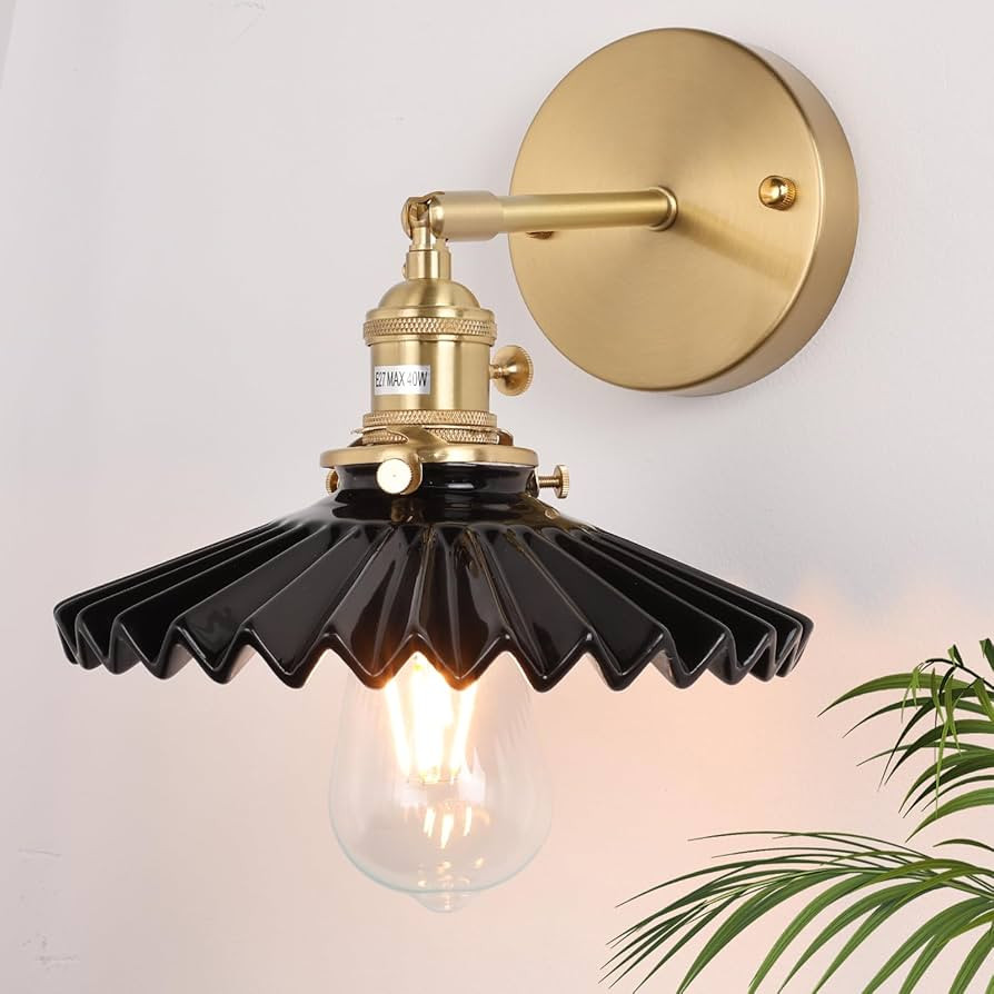 Vintage Modern 1 Light Wall Sconces with Black Pleated Ceramic Lampshade 180 Degree Adjustable Br... | Amazon (US)