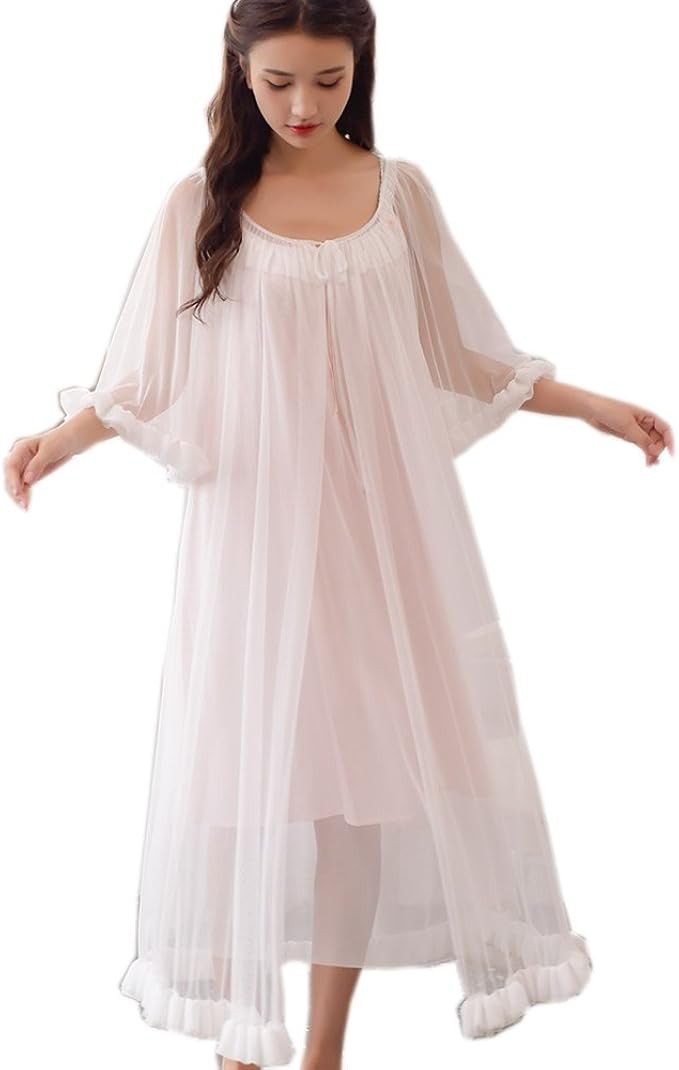 Womens Sexy Vintage Loungedress Nightgown 2 pcs Victorian Sleepwear Nightshirt Girls Pajamas | Amazon (US)