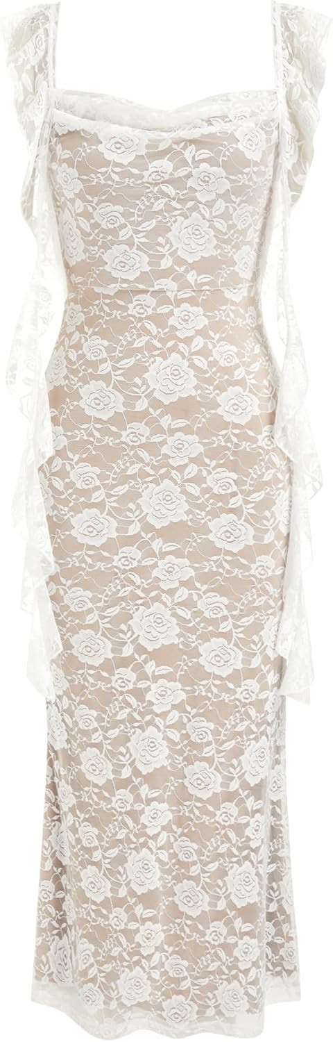 CIDER Women's Wedding Guest Dress Sleeveless Mesh Ruffle Maxi Formal Dress | Amazon (US)