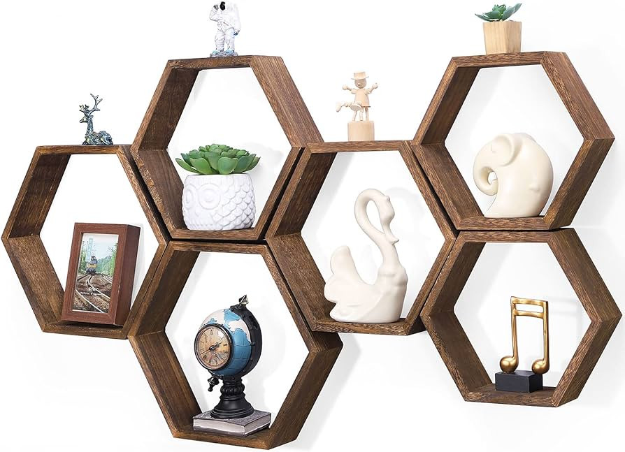 NOVIMANGO Hexagon Floating Shelves Set of 6 Honeycomb Shelves for Wall Wood Farmhouse Storage Hom... | Amazon (US)