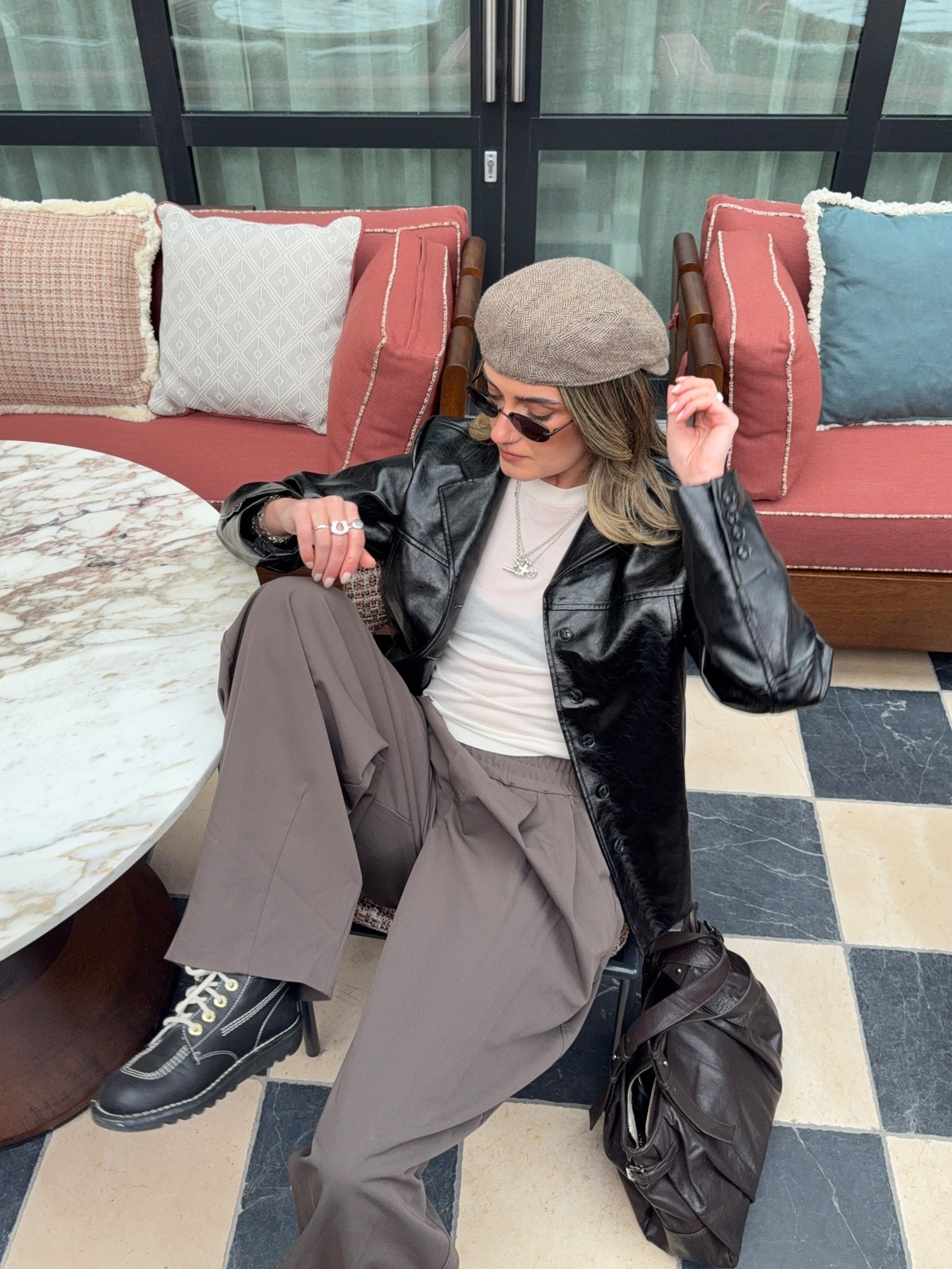 Kickers, leather jacket, flat cap, wide leg trousers, neutral outfit

#LTKwinter #LTKuk #LTKshoes