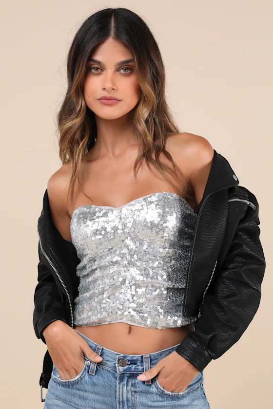 My Favorite Sparkle Silver Sequin Ruched Strapless Crop Top | Lulus
