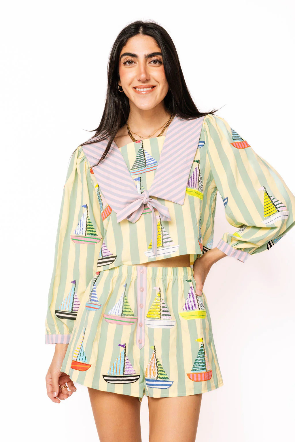 Green & Pink Striped Multi Sailboat Collar Cotton Top | Queen of Sparkles
