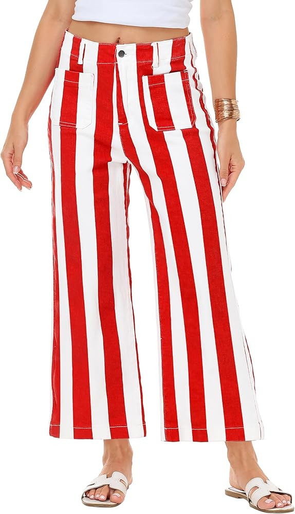 Women Striped Jeans Stretchy Cropped Vertical Denim Pants with Pockets | Amazon (US)
