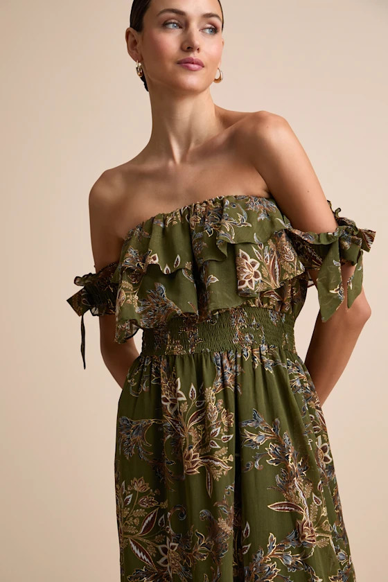 Love and Blooms Olive Green Floral Print Off-the-Shoulder Dress | Lulus