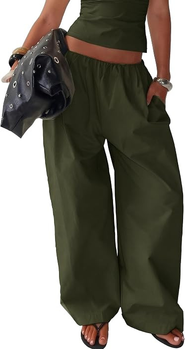 Just Quella Women's Oversized Lightweight No Stretch Y2K Wide Leg Elastic Waist Baggy Pants Streetwear with Pockets | Amazon (US)