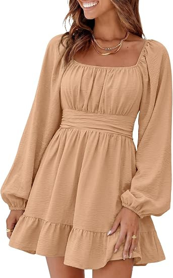 Dokotoo Womens Dress Lantern Sleeve Elastic Waist Tie Backless Mini Dress | Square Neck,Off Shoul... | Amazon (US)