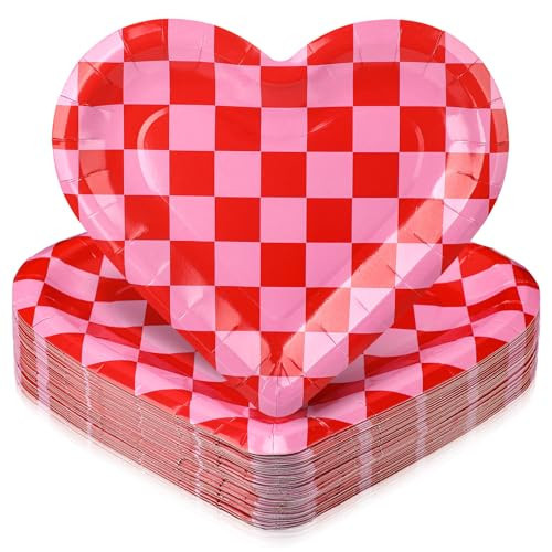 Havawish 50 Pcs Pink and Red Checkerboard Heart Shaped Valentine's Day Party Plates 10" Happy Valentine's Day Disposable Paper Plates Romantic Tableware for Party Supply | Amazon (US)