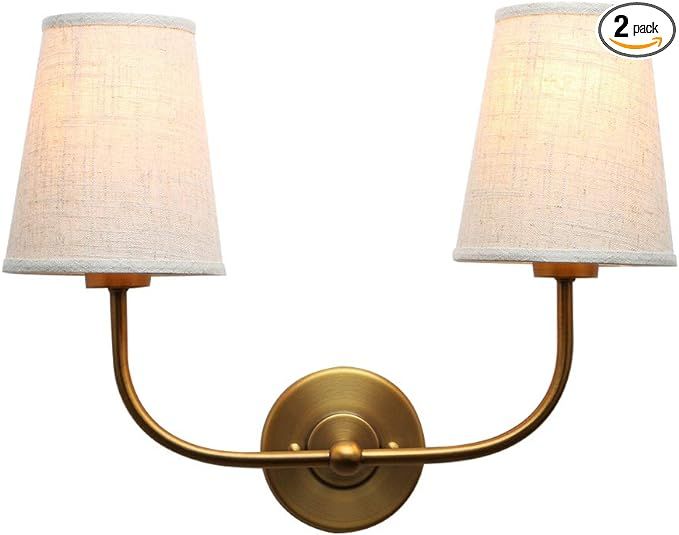 PERMO Vintage Double Sconce Antique 2-Lights with Flared Funnel Linen Beige Fabric Shade | Amazon (US)