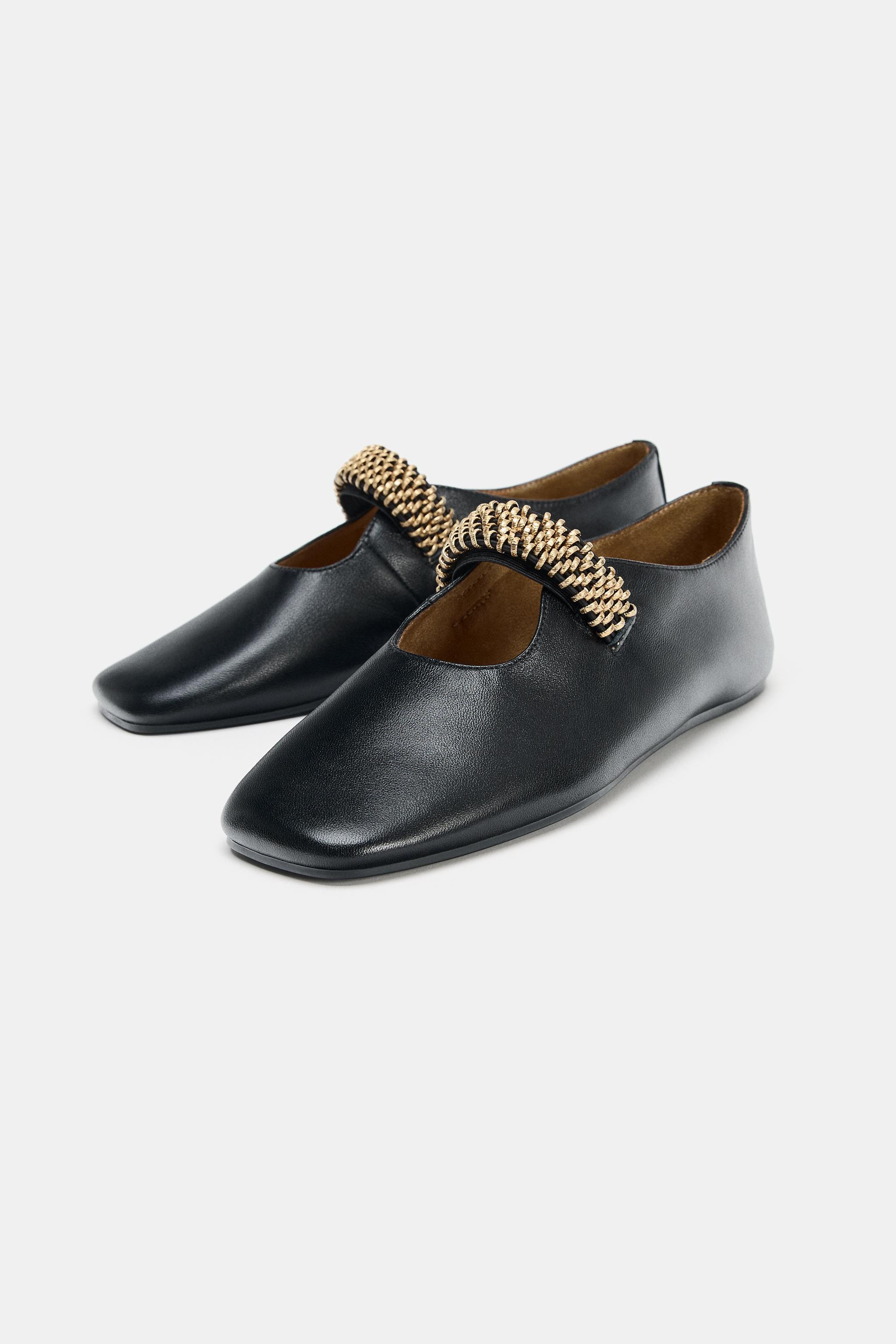 LEATHER BALLET FLATS WITH METAL STRAP | Zara US