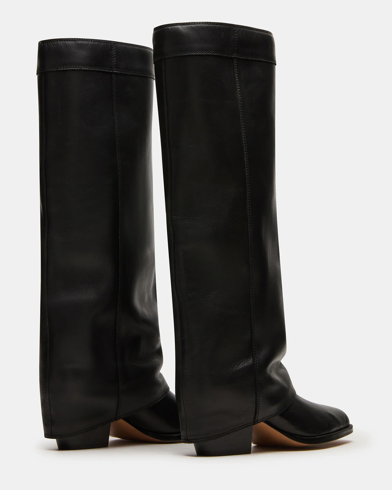 WINNICK Black Leather Knee-High Cuffed Fold-Over Block Heel Women's Boot | Steve Madden (US)