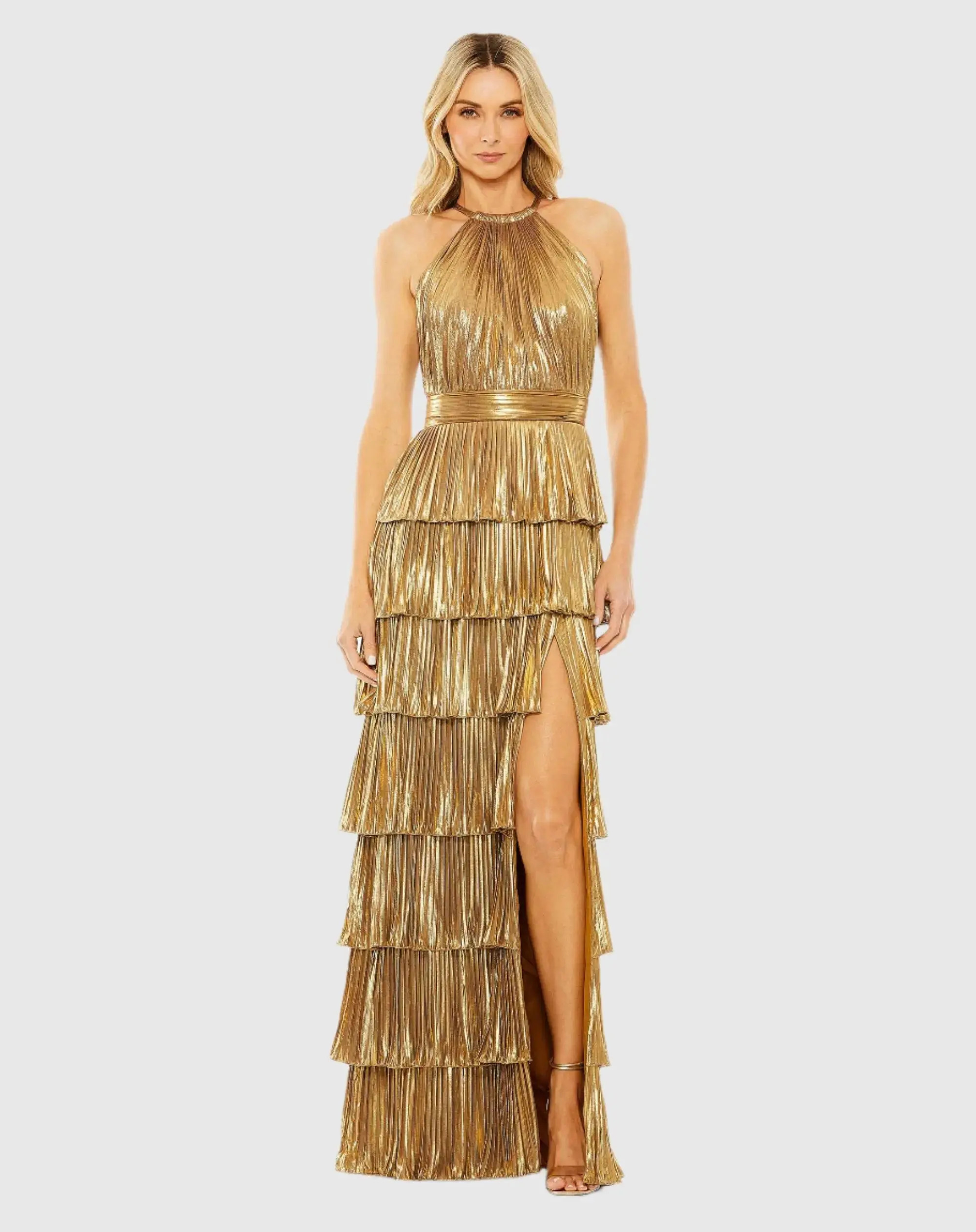 Ieena for Mac Duggal - Gold Metallic Halter Neck Tiered Ruffle Gown - US 16 | Mac Duggal
