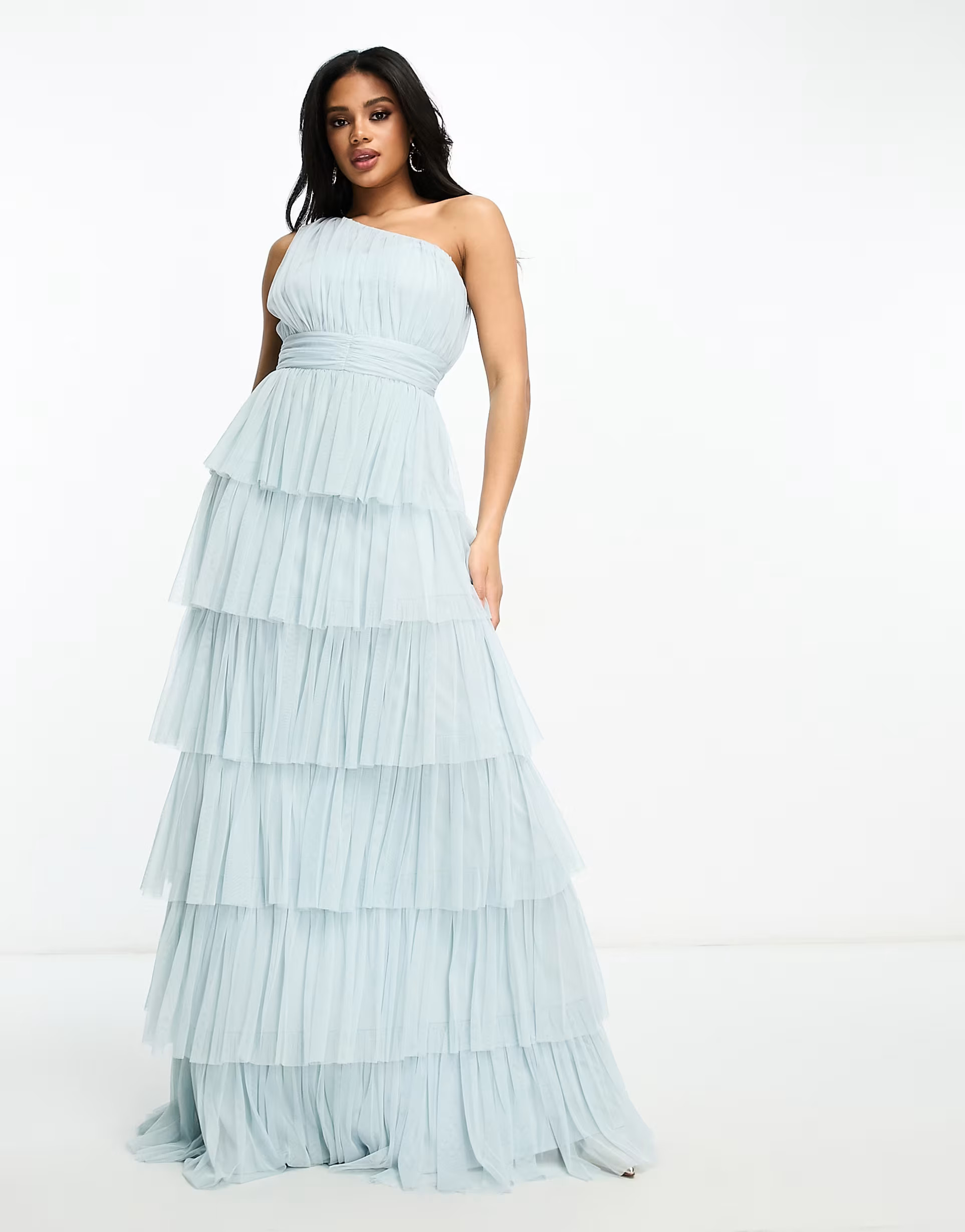 Beauut Bridesmaid one shoulder tiered maxi dress in ice blue | ASOS (Global)