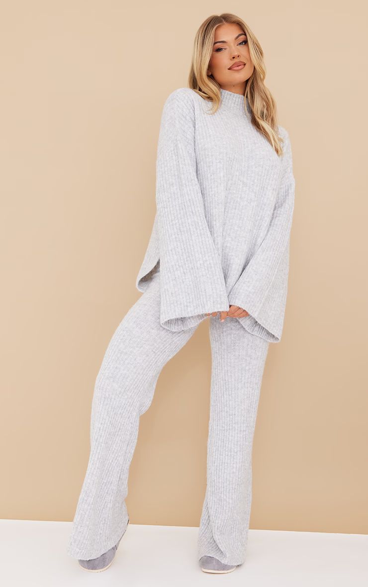 Grey Luxe Rib Knit Oversized Sweatshirt | PrettyLittleThing US