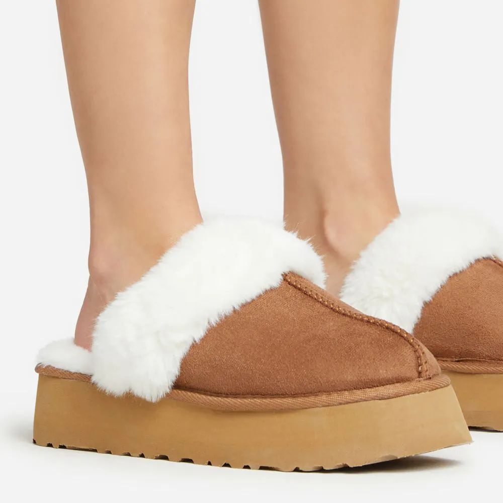 Sugar Faux Fur Trim Platform Slipper In Chestnut Brown Faux Suede | EGO Shoes (US & Canada)