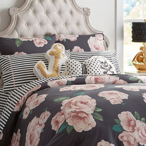 The Emily & Meritt Bed Of Roses Duvet Cover + Sham Black & Blush | Pottery Barn Teen