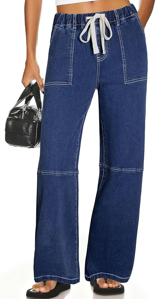 Sidefeel Women's Wide Leg Jeans High Waisted Elastic Stretchy Straight Leg Trendy Drawstring Bagg... | Amazon (US)