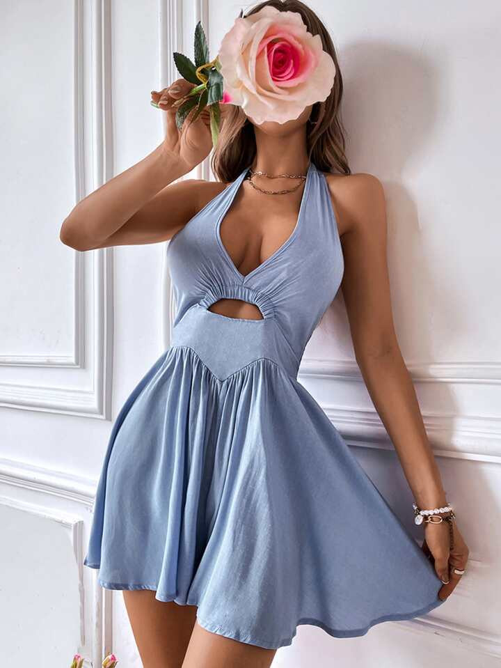 SHEIN VCAY Cut Out Ruched Tie Backless Halter Romper | SHEIN