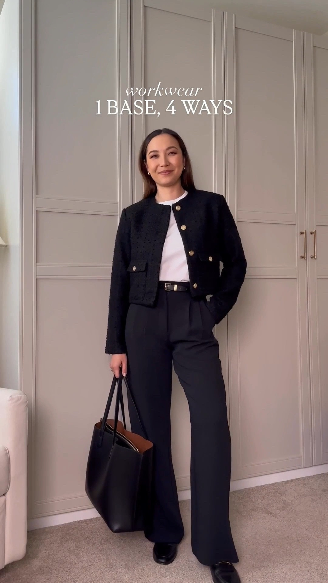 Workwear - 1 base, 4 ways 

Abercrombie wide leg pants - my top recommendation are the aritzia effortless pants which I’ve linked to
Quince cashmere sweater 
Tan blazer 
Navy cardigan 


#LTKWorkwear
