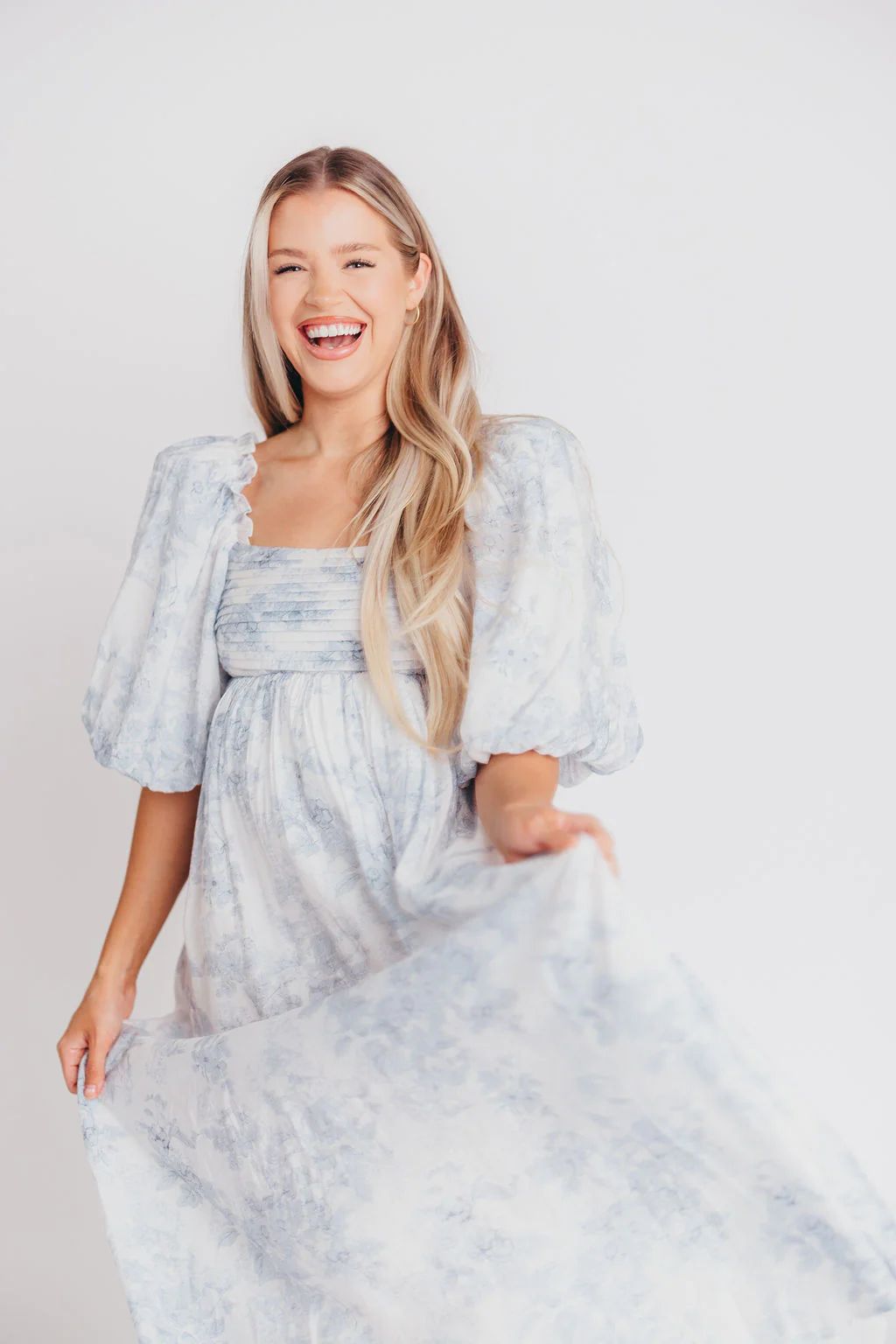 Melody Maxi Dress with Pleats and Bow Detail in Blue Floral - Bump Fri | Worth Collective