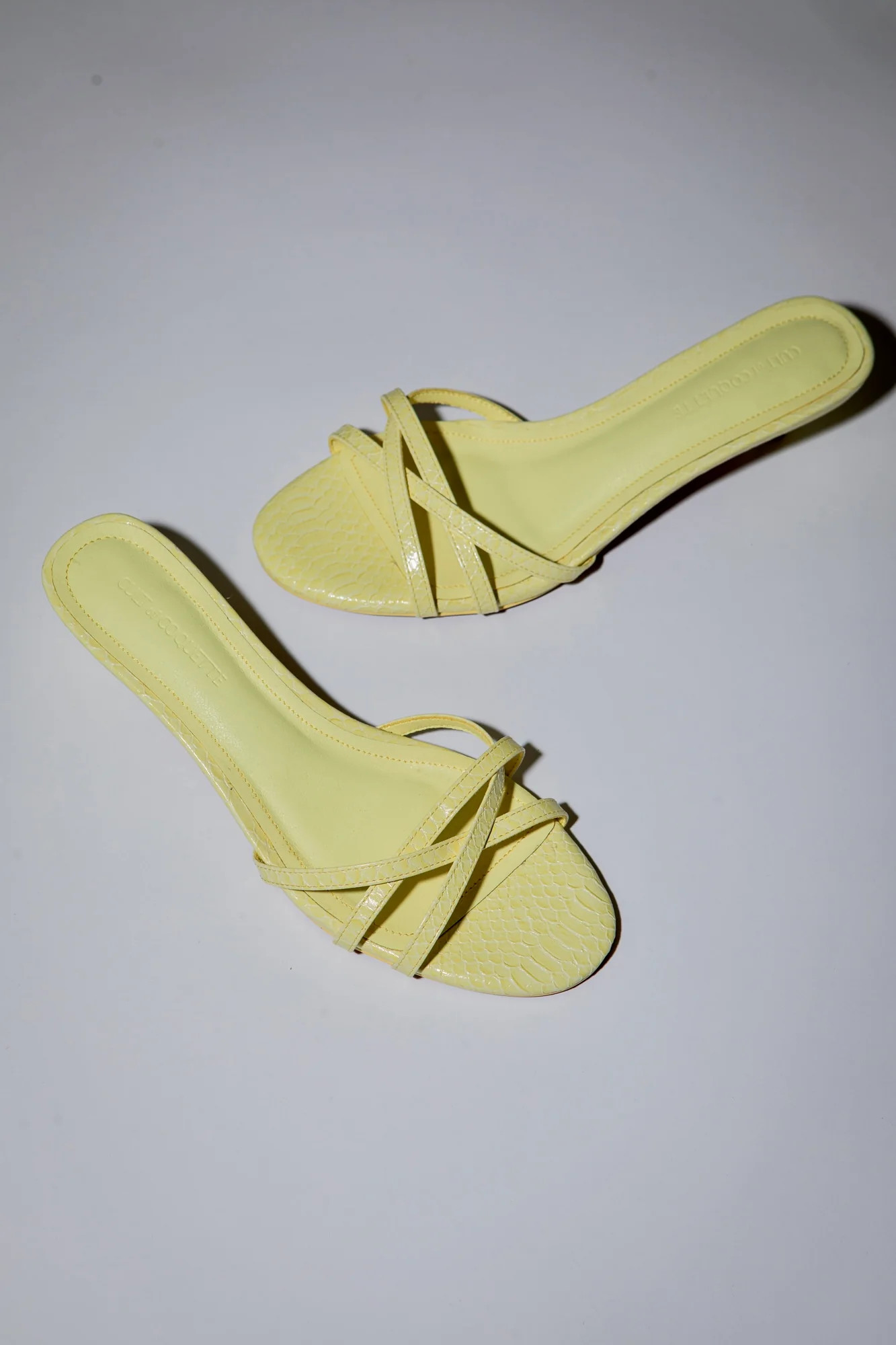 Romy Butter Yellow Reptile Strappy Kitten Mules 40 mm | CULT OF COQUETTE
