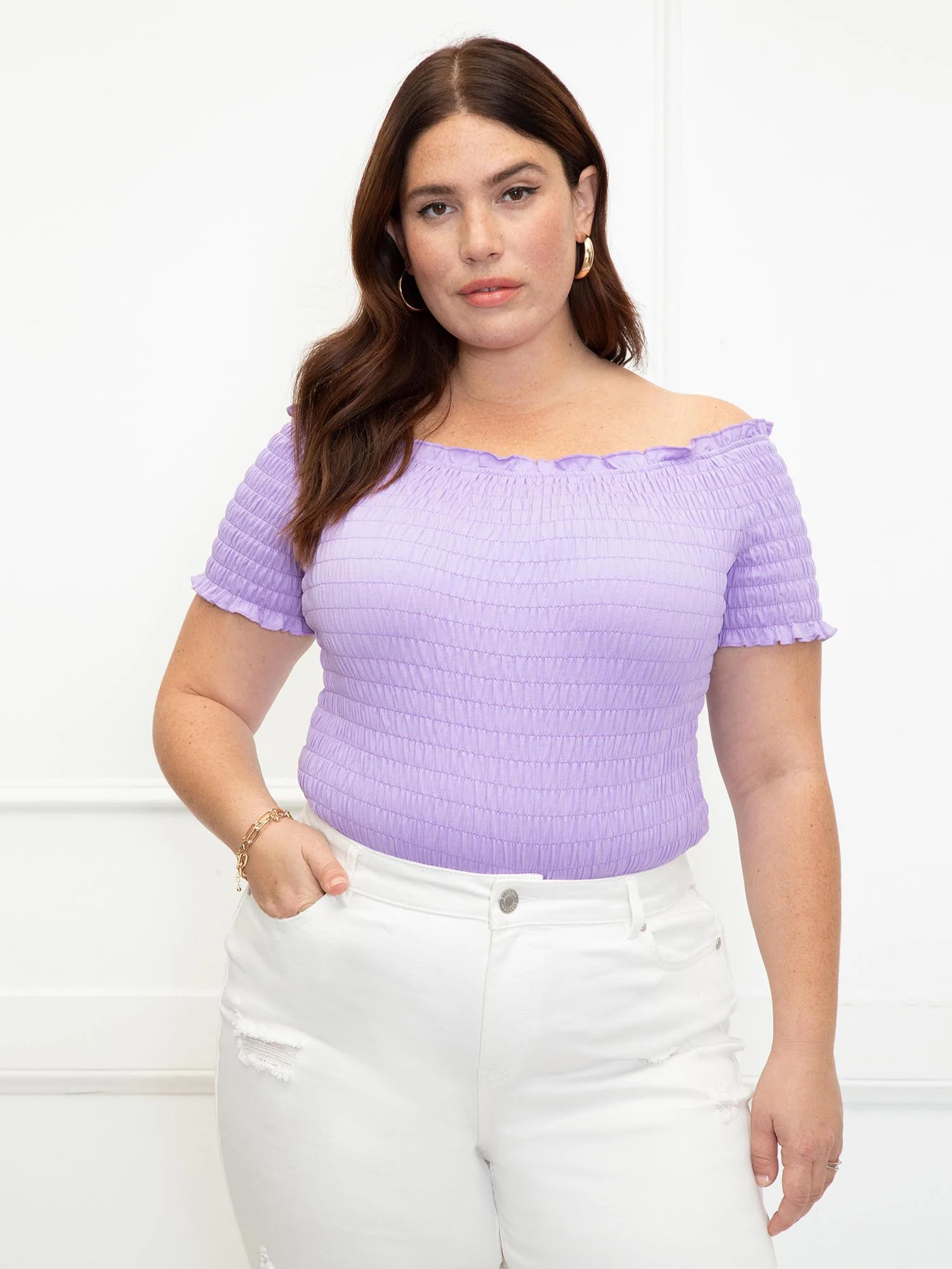 ELOQUII Elements Women's Plus Size Smocked Off The Shoulder Tee - Walmart.com | Walmart (US)