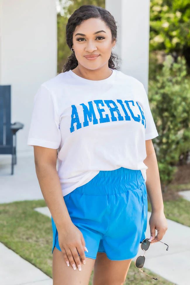 America Distressed Blue Graphic White Tee | Pink Lily