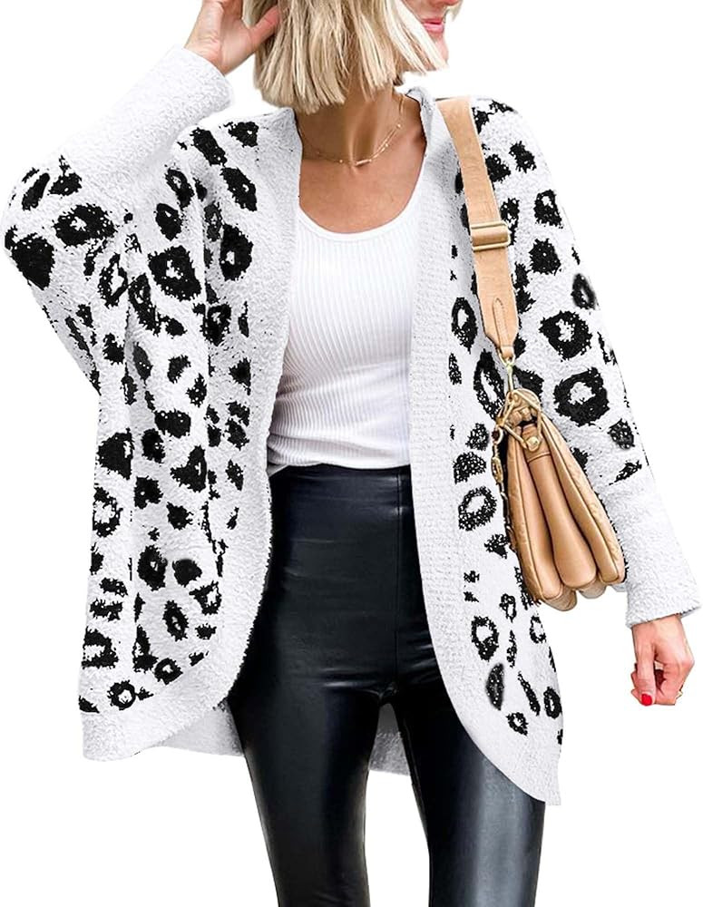 BTFBM Women Fashion Leopard Print Long Sleeve Sweater Cardigan Loose Knit Open Front Fall Winter ... | Amazon (US)