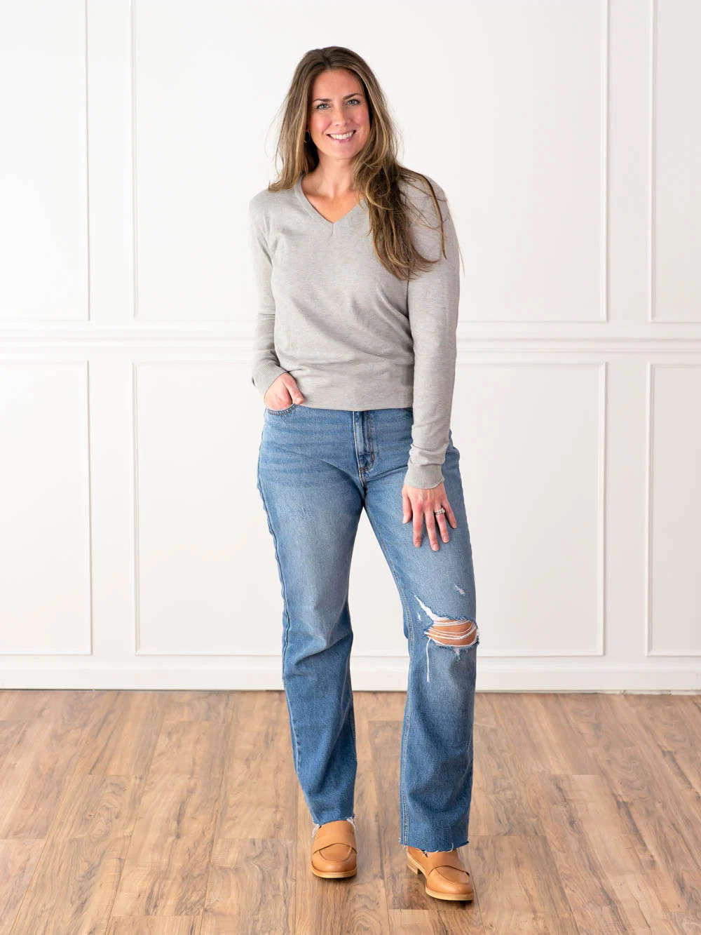 V-Neck Tall Sweater - Light Grey | Amalli Talli