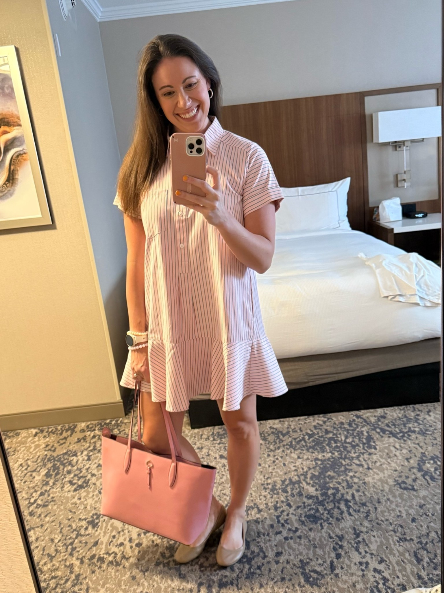 My work conference look for Day 1! Love this Mint Julep dress with a drop waist and love pinstripe to make you look taller and leaner! Perfect for moving about but keeping in a business casual look! Love a zipped tote from Kate Spade!

#LTKdayinmylife #LTKgrwm #LTKWorkwear