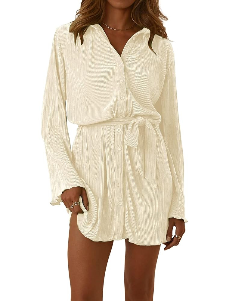 LYANER Women's Collar V Neck Button Down Pleated Long Sleeve Mini Shirt Dress with Belt | Amazon (US)