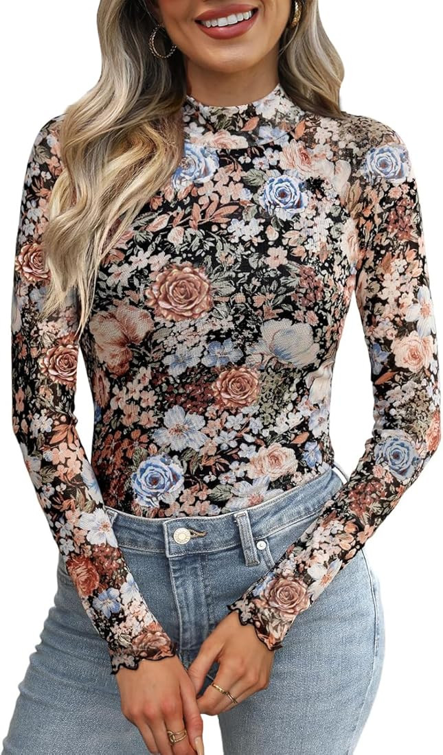 OFEEFAN Womens Long Sleeve Mesh Top See Through Mock Neck Sheer Blouses | Amazon (US)