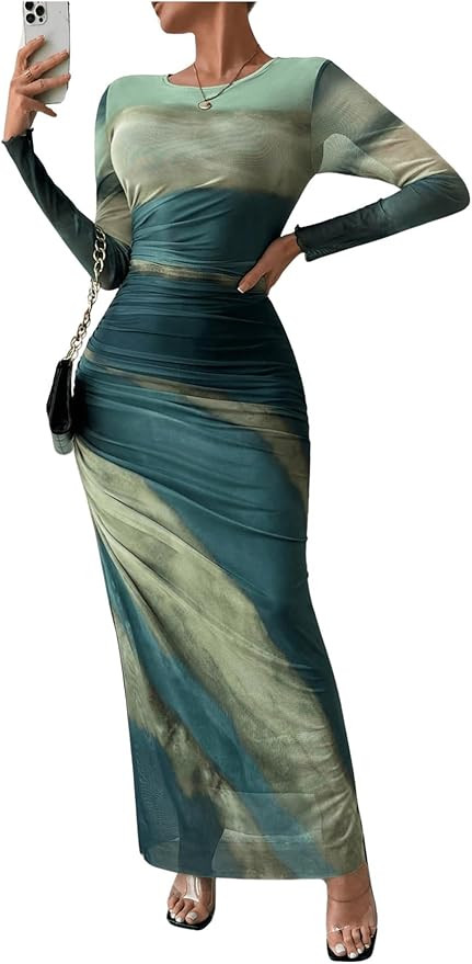 Women's Tie Dye Ruched Long Sleeve Dress Mesh Slim Fit Bodycon Maxi Dresses | Amazon (US)