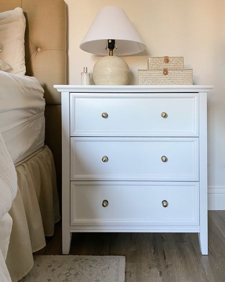 Studio McGee nightstand look for less! Found this 3 drawer white wood nightstand and added brass knobs for a modern coastal look  

#LTKhome #LTKfindsunder100 #LTKfindsunder50