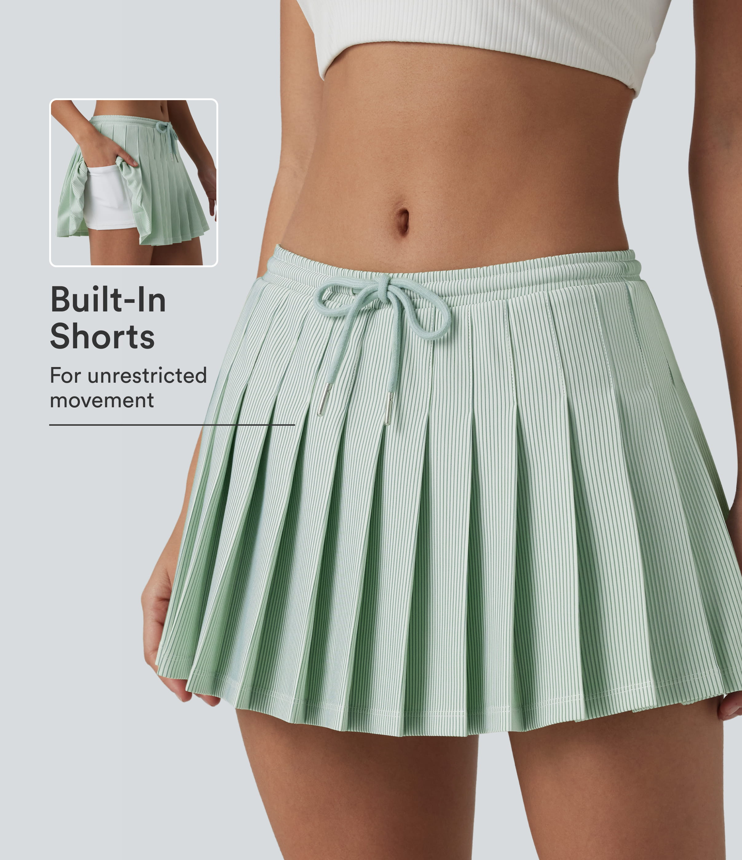 Low Rise Drawstring 2-in-1 Stripes Pleated Mini Pickleball Skirt with Pockets | HALARA