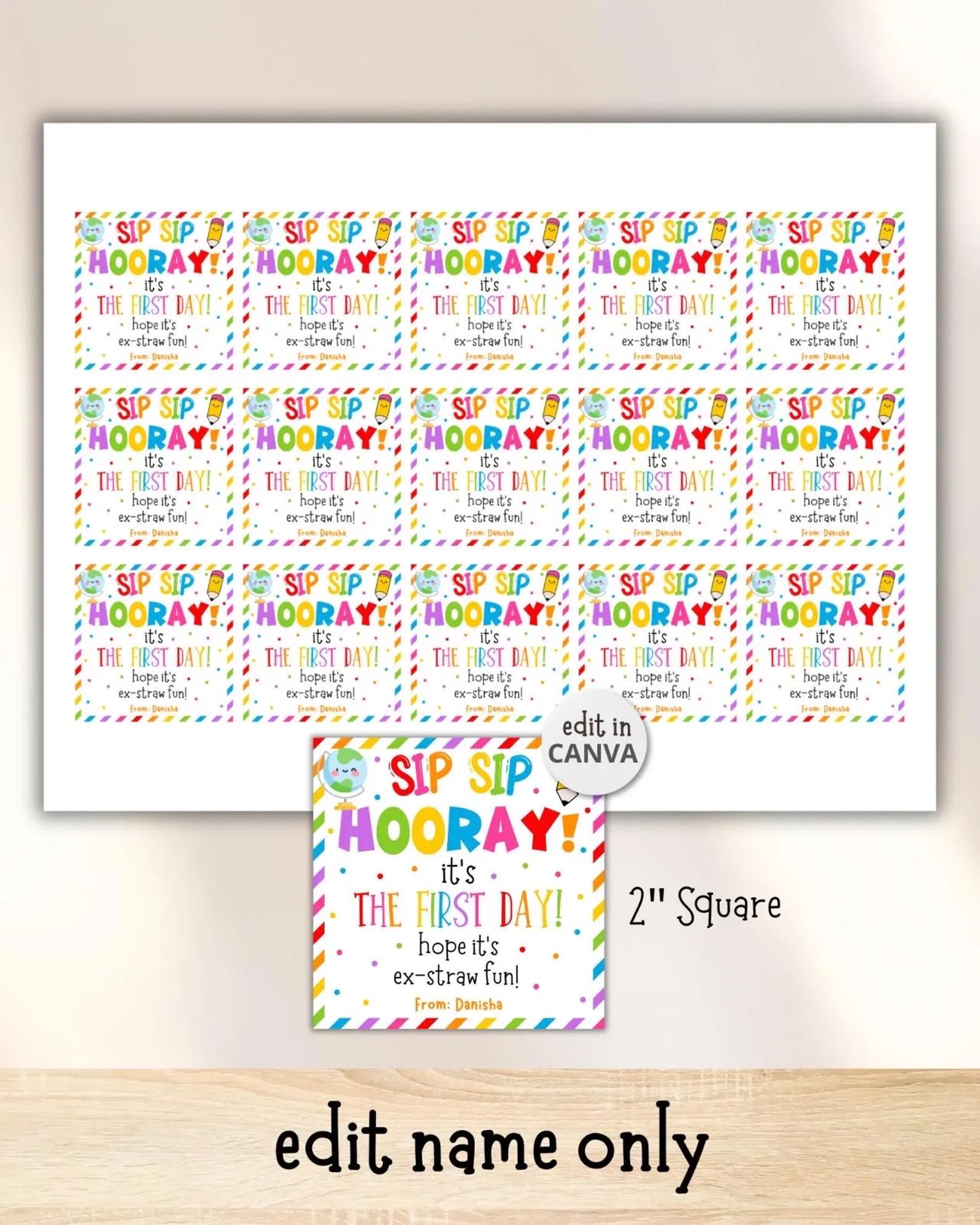 Sip Sip Hooray It's the First Day Gift Tag Template, Printable Back to School Straw Tag, Editable... | Etsy (US)