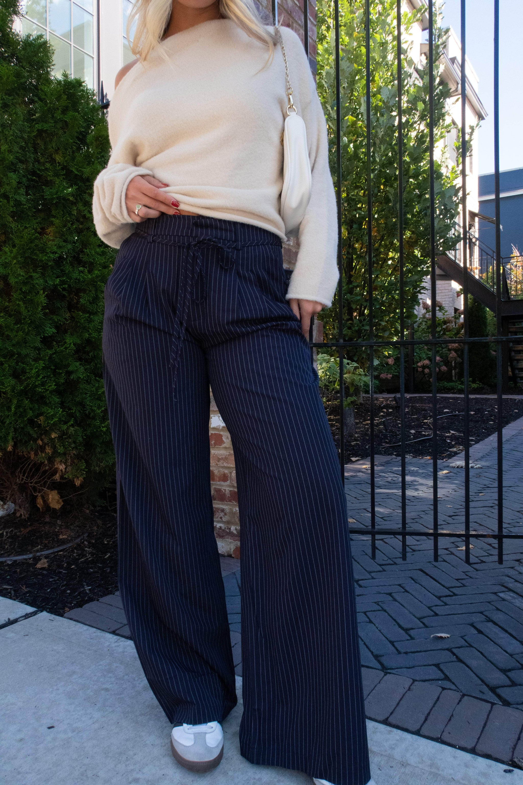Navy Pinstripe Belted Trousers | Lane 201 Boutique