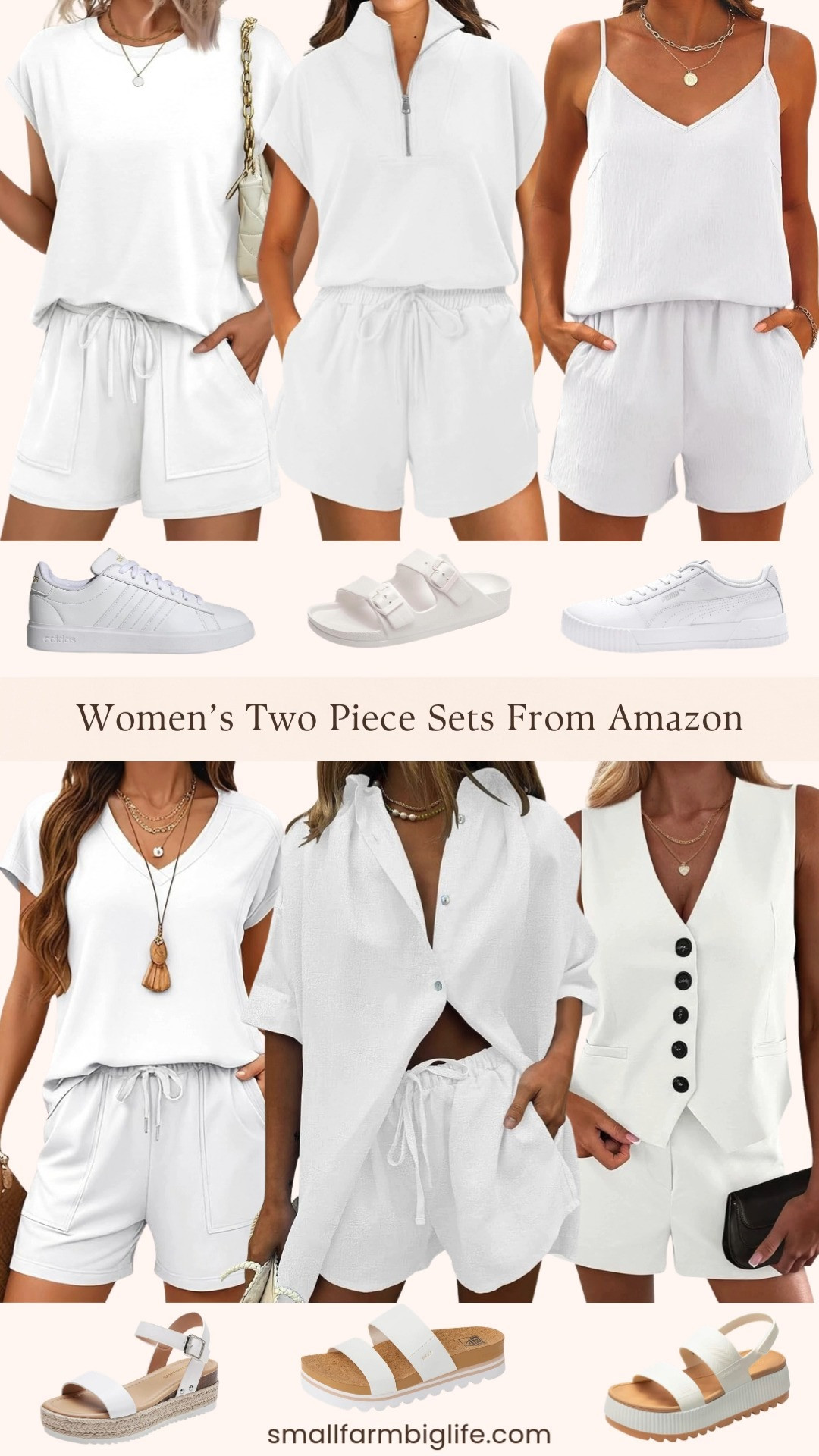 White two piece sets are a spring and summer wardrobe staple and Amazon has so many good options right now 🤍 I rounded up the best ones: a vest top and high waist shorts set, a button down blouse and shorts set, a classic tank and shorts set, a quarter zip and shorts set, a V neck tee set, and a cap sleeve tee set. They are all crisp, clean, and so easy to style. And the shoes are everything too, retro sneakers, platform espadrilles, platform sandals, double buckle slides, and the cutest platform water sandals for warmer days ahead. White is always the right answer for spring and these Amazon finds make it so easy to put a fresh look together without spending a fortune. Everything is linked! 🛒 

 #LTKgrwm #LTKootd #LTKOver40
