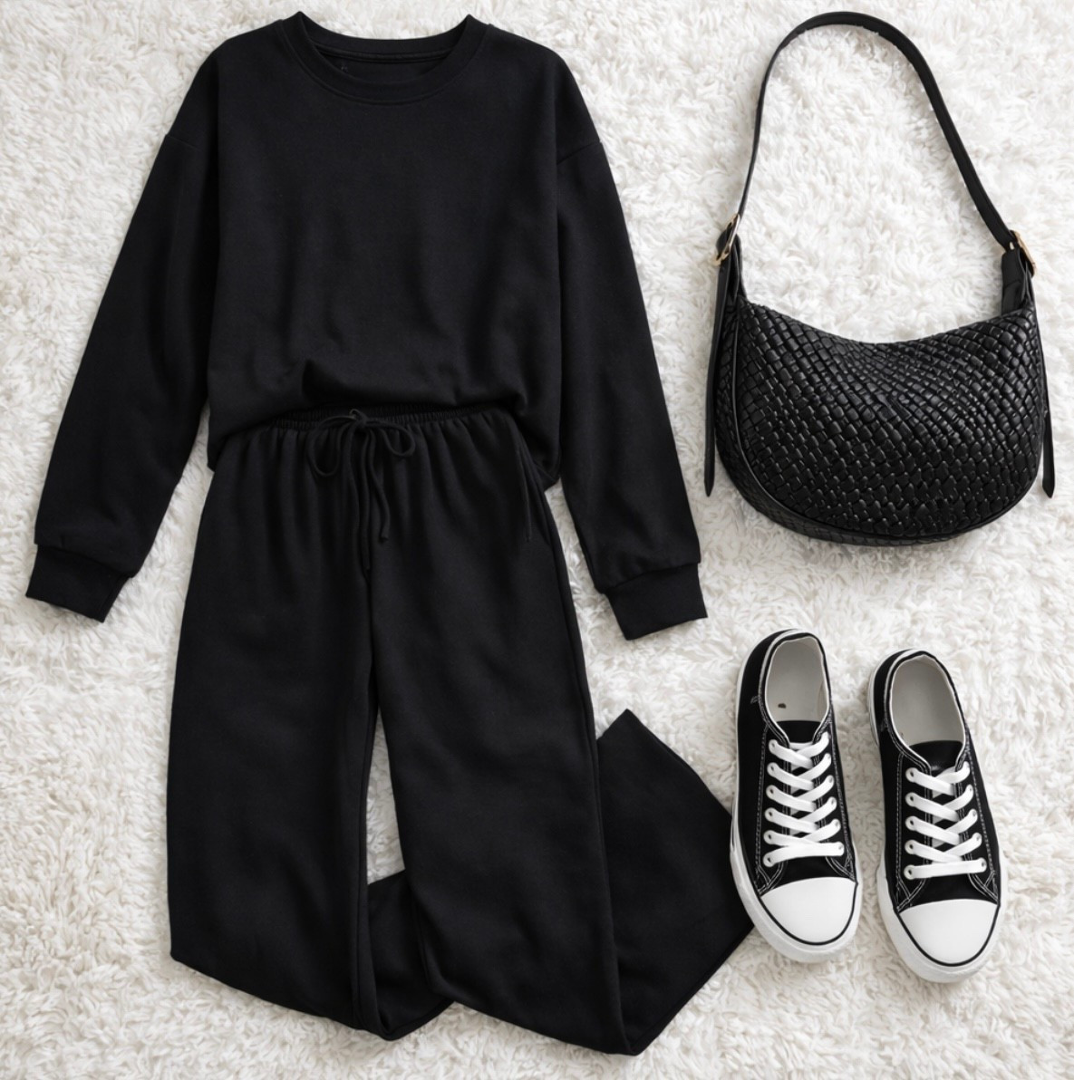 Easy everyday outfit 🤍 This black lounge set is the perfect mix of comfy and put-together. Paired it with classic sneakers and a woven shoulder bag for an effortless casual look you can wear running errands, grabbing coffee, or traveling.



#LTKmomlife #LTKgrwm #LTKootd