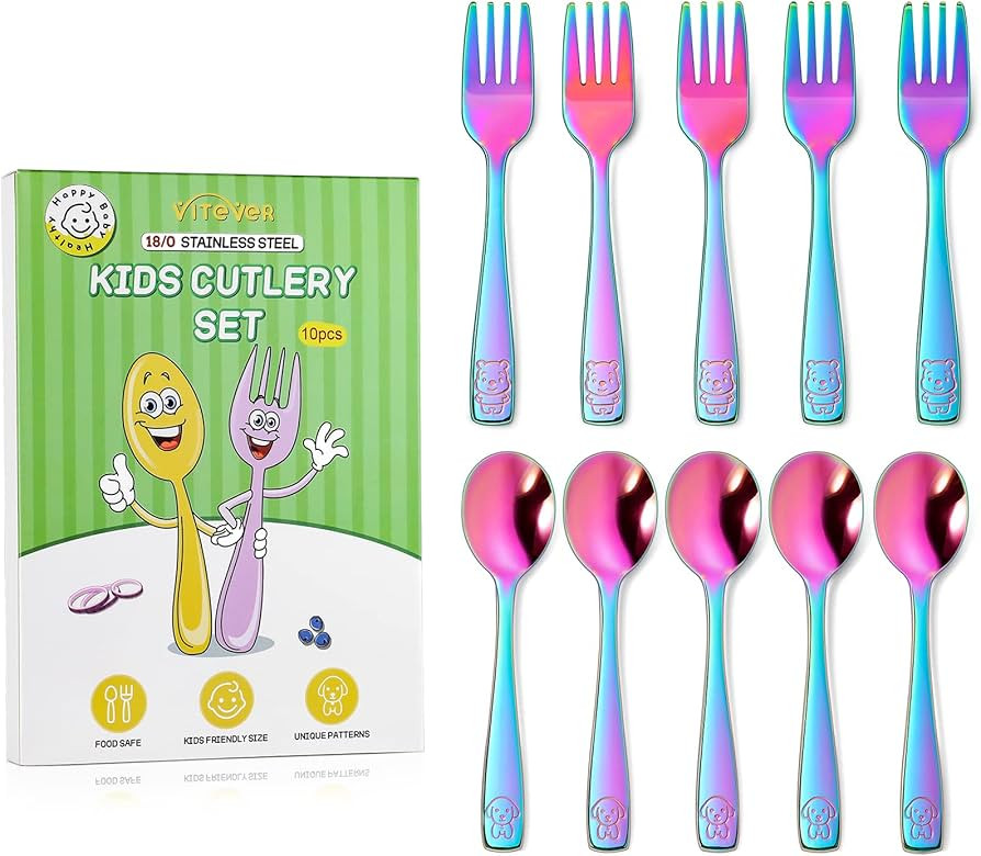 VITEVER 10 Pack Toddler Utensils, Stainless Steel Rainbow Silverware Set for Kids, Children Safe ... | Amazon (US)