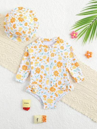 SHEIN Vintaside Kids Newborn/Infant Girls' 2pcs Set: Long Sleeve Floral Print Rash Guard Swimsuit... | SHEIN