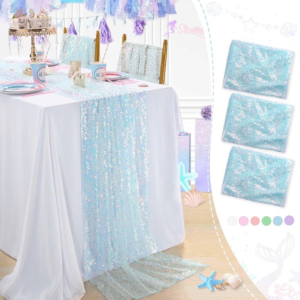 25x120 Inches Blue Table Runners Sequin Table Runner for Rectangle Table Baby Shark Birthday Irid... | Amazon (US)